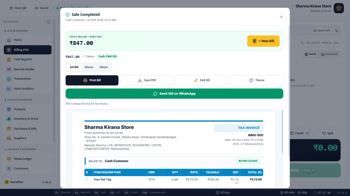 Sale Completed window for invoice INV-001 of 847 rupees with print, PDF, edit, theme and WhatsApp buttons
