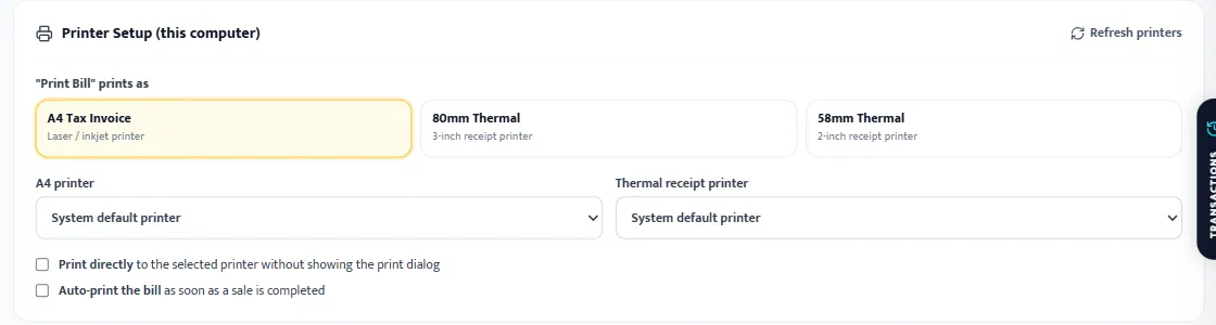 Settings Printer Setup card: Print Bill prints as A4, 80mm or 58mm, A4 printer, thermal receipt printer, Print directly and Auto-print the bill