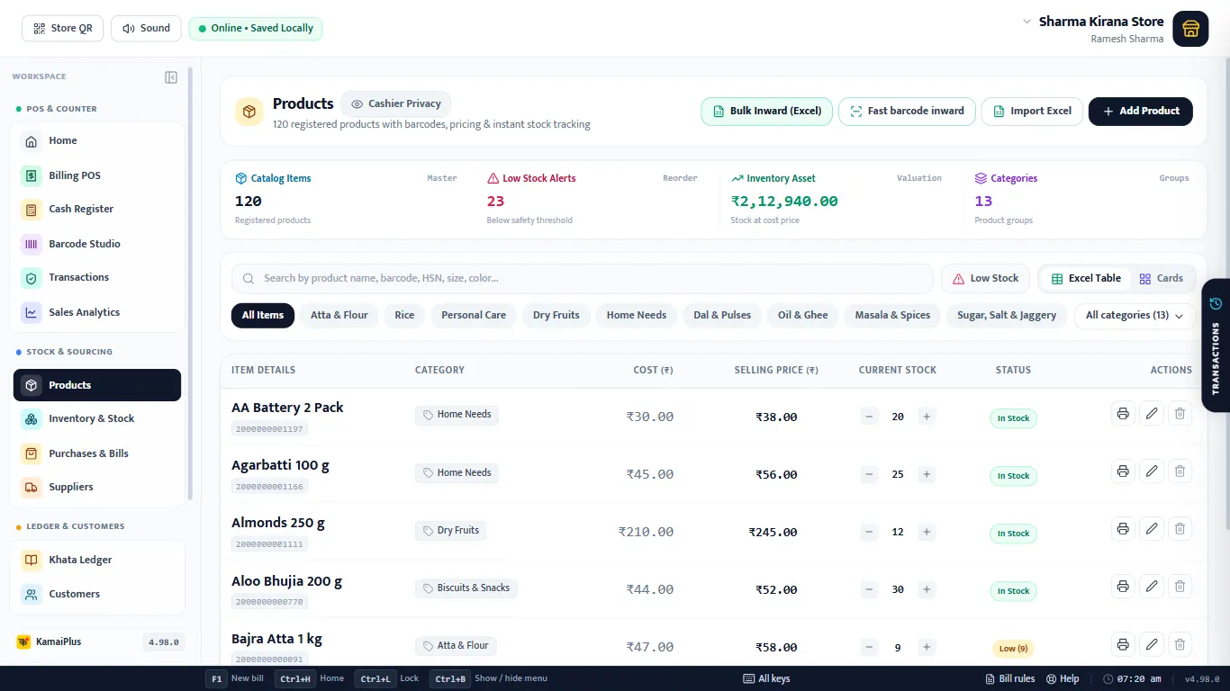 KamaiPlus Products screen with 120 items in a table: category, cost, selling price, stock and status