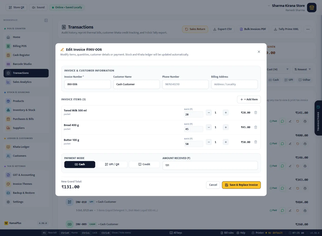 Edit Invoice INV-006 window with customer details, items, payment mode and new grand total