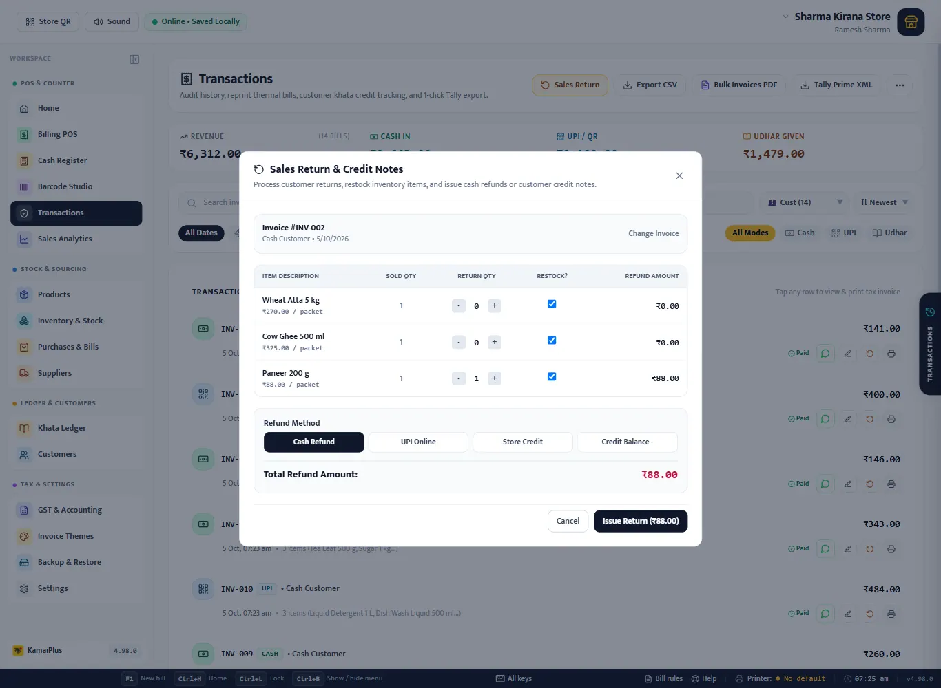Sales return of one Paneer 200 g from invoice INV-002 with cash refund of 88 rupees