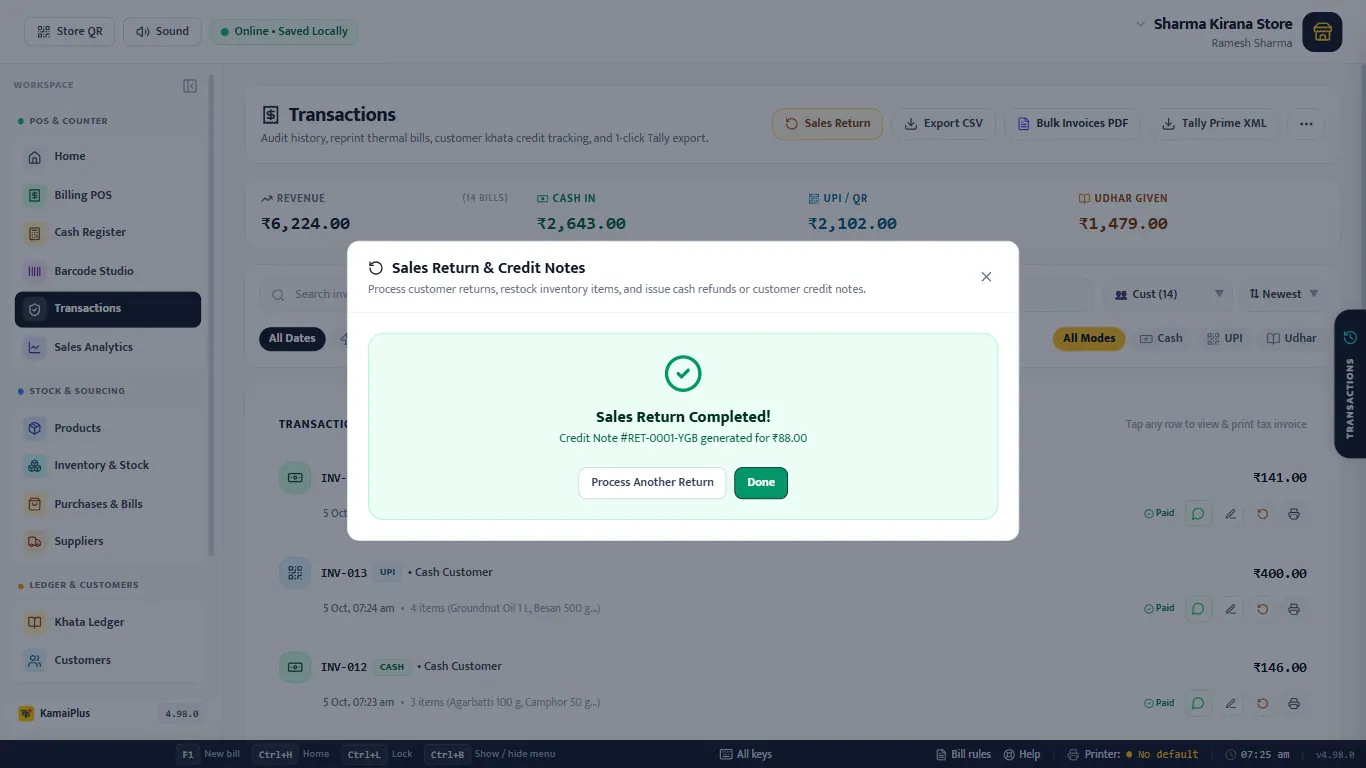 Sales Return Completed with a credit note for 88 rupees